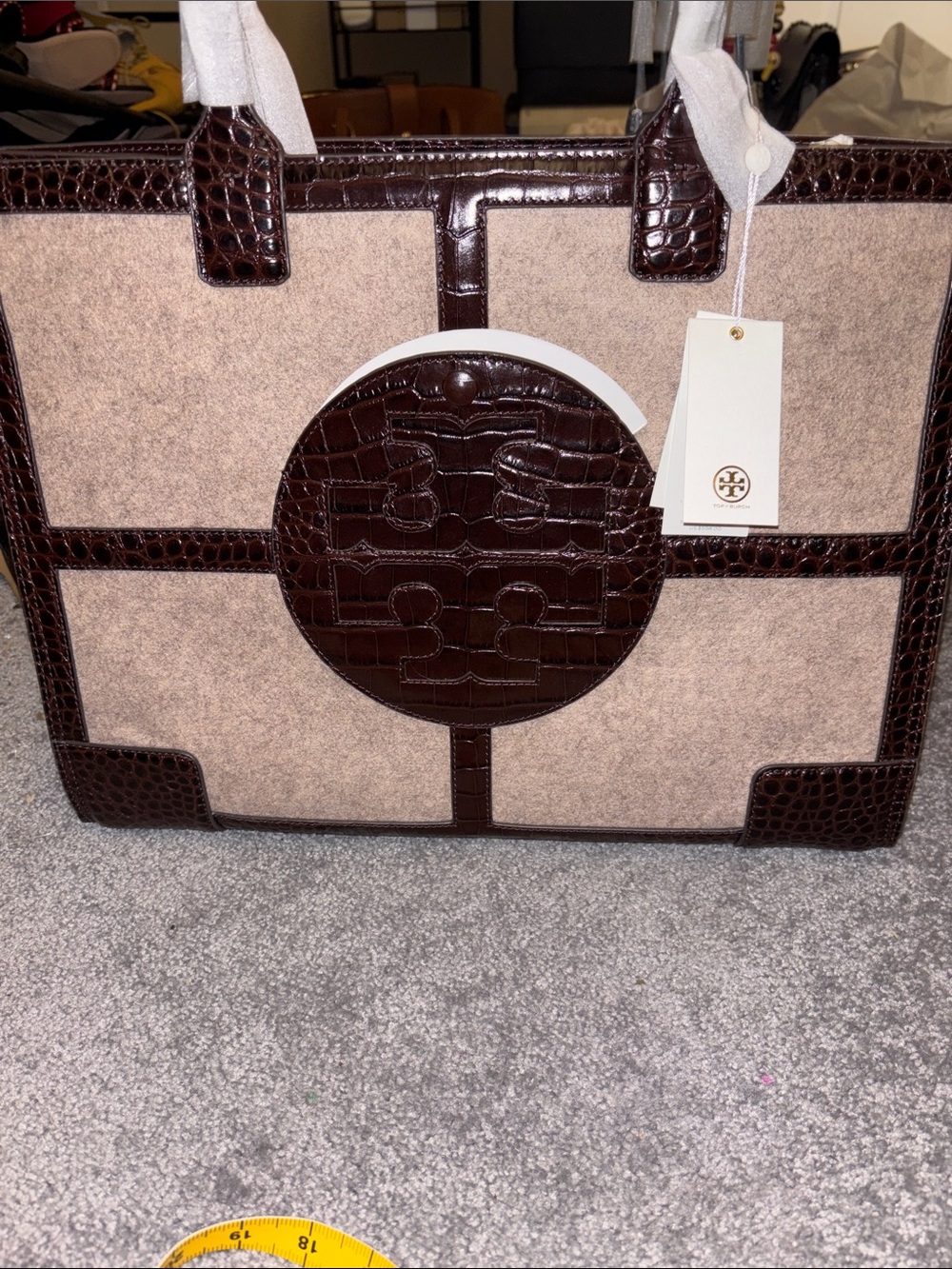 Tory Burch Brown Croc-Trim Felt Tote with Logo Medallion